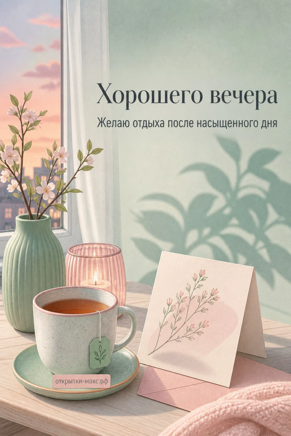 Чашка чая на блюдце, ваза с цветущей сакурой и свеча у светлого окна на мятном фоне