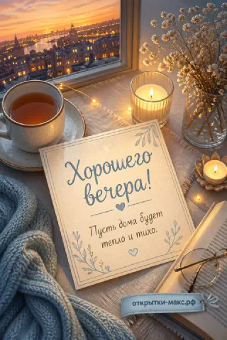 Чашка чая, горящие свечи и гирлянда на подоконнике, за окном закатный город