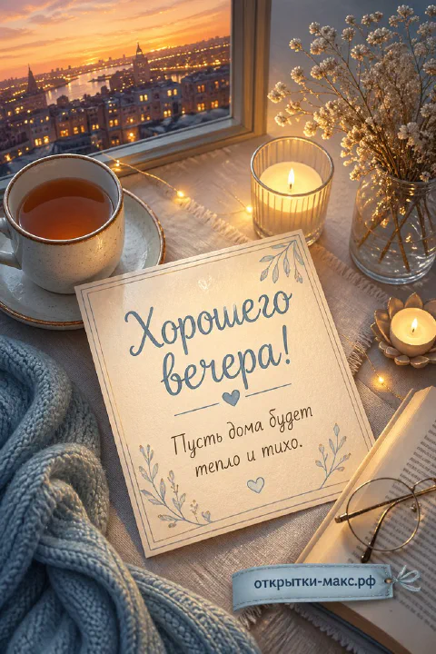 Чашка чая, горящие свечи и гирлянда на подоконнике, за окном закатный город