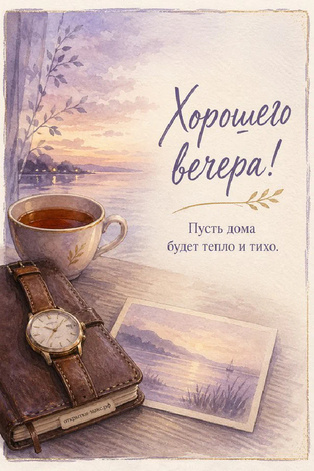 Чашка чая, горящие свечи и гирлянда на подоконнике, за окном закатный город — вариант 2
