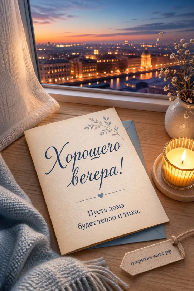 Чашка чая, горящие свечи и гирлянда на подоконнике, за окном закатный город — вариант 3