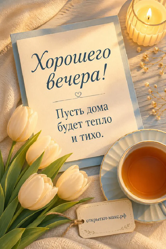 Чашка чая, горящие свечи и гирлянда на подоконнике, за окном закатный город — вариант 4