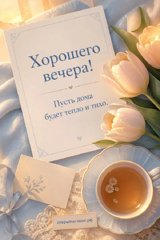 Чашка чая, горящие свечи и гирлянда на подоконнике, за окном закатный город — вариант 5