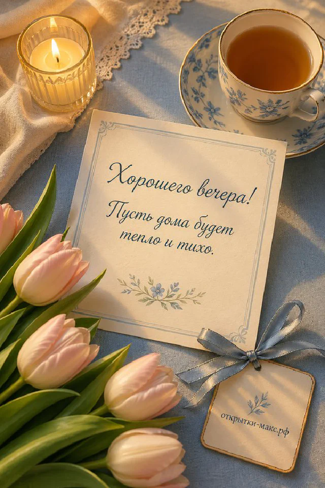 Чашка чая, горящие свечи и гирлянда на подоконнике, за окном закатный город — вариант 6