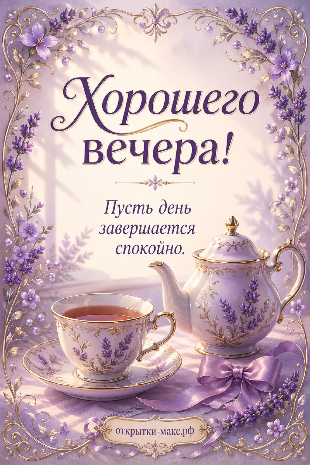 Белый фарфоровый чайник и чашка с лавандовыми узорами, лавандовые цветы и фиолетовая лента на кремовом фоне