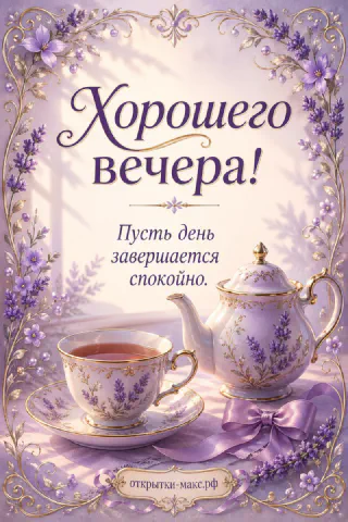 Белый фарфоровый чайник и чашка с лавандовыми узорами, лавандовые цветы и фиолетовая лента на кремовом фоне