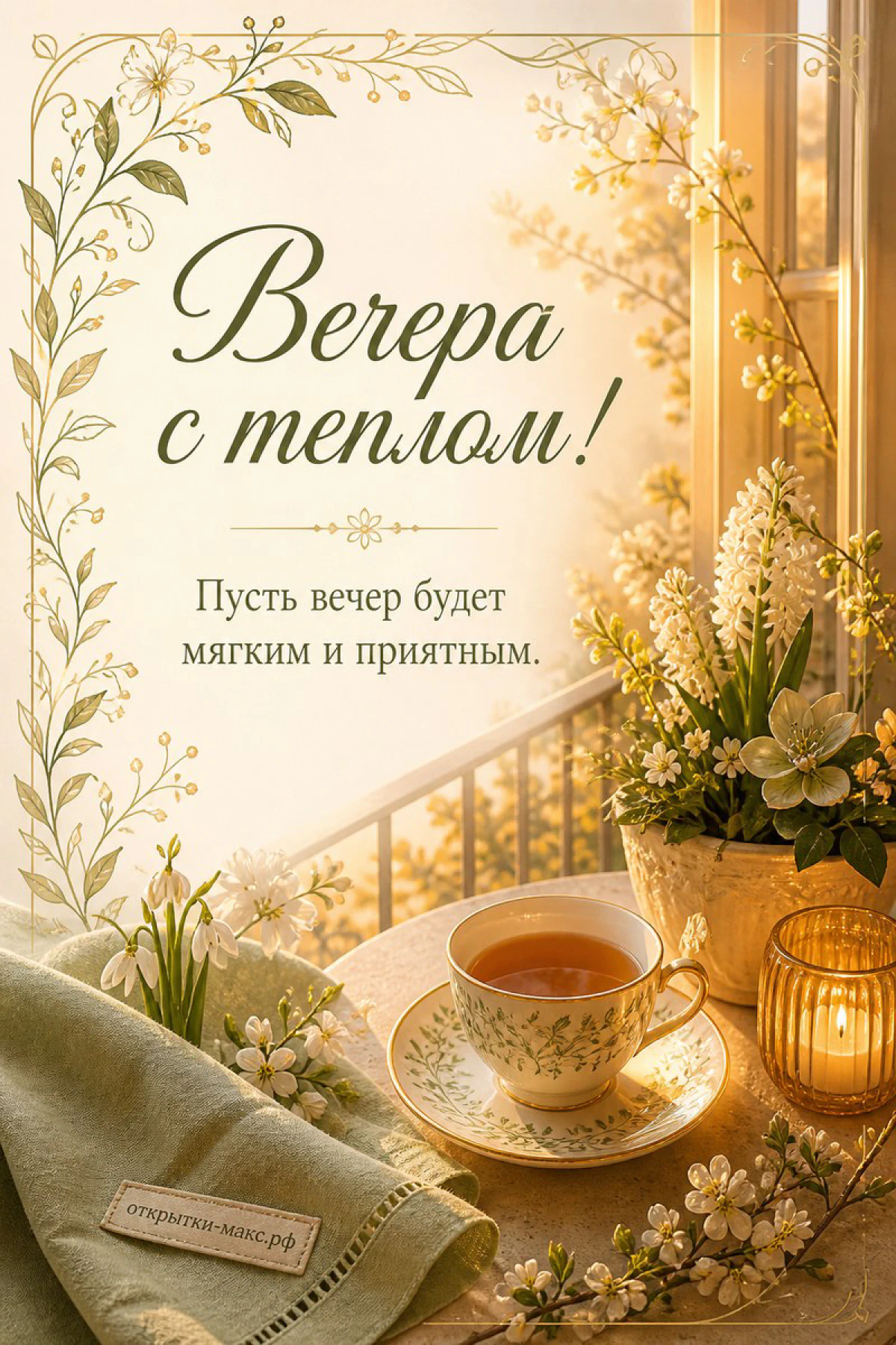 Фарфоровая чашка чая на блюдце, белые цветущие растения и свеча у окна на фоне вечернего заката