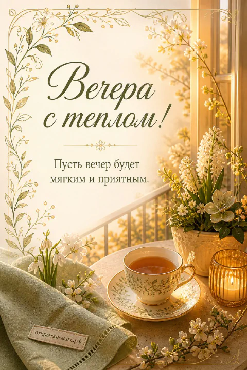 Фарфоровая чашка чая на блюдце, белые цветущие растения и свеча у окна на фоне вечернего заката