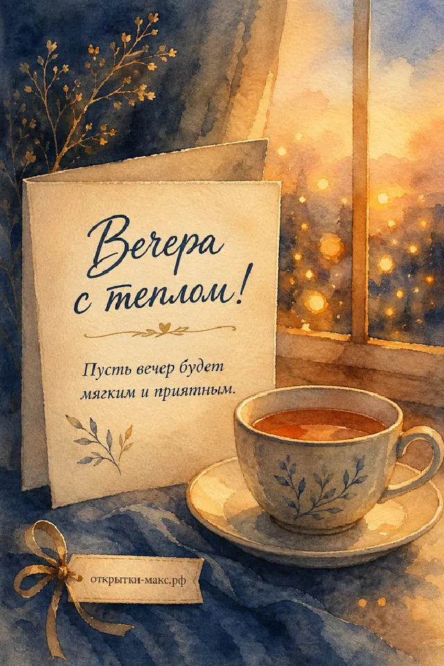Фарфоровая чашка чая на блюдце, белые цветущие растения и свеча у окна на фоне вечернего заката — вариант 7