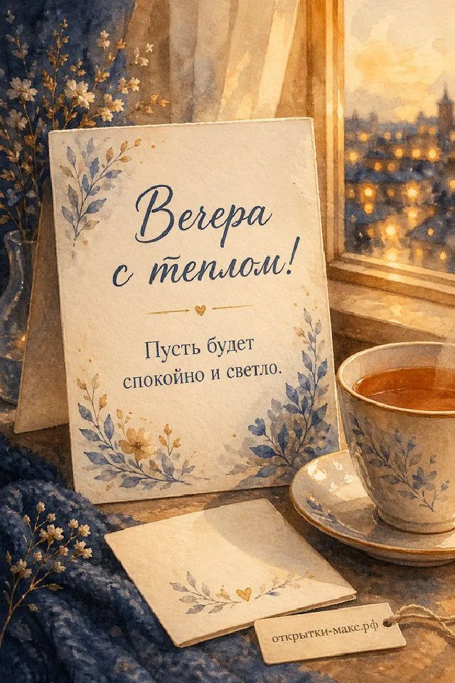 Голубая чашка чая с улыбкой на блюдце, рядом свеча, печенье и керамический светящийся домик на столе — вариант 2