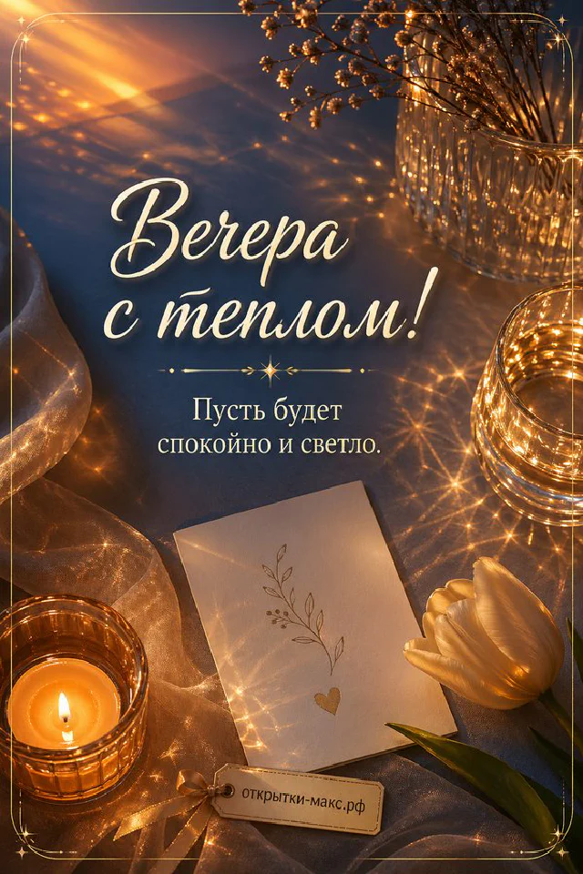 Голубая чашка чая с улыбкой на блюдце, рядом свеча, печенье и керамический светящийся домик на столе — вариант 3
