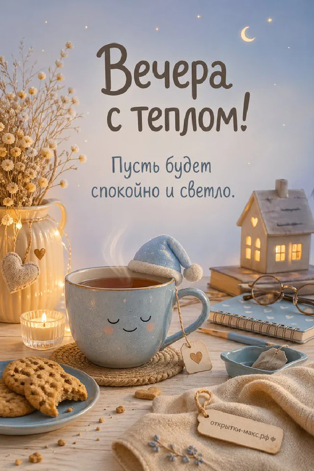 Голубая чашка чая с улыбкой на блюдце, рядом свеча, печенье и керамический светящийся домик на столе — вариант 4