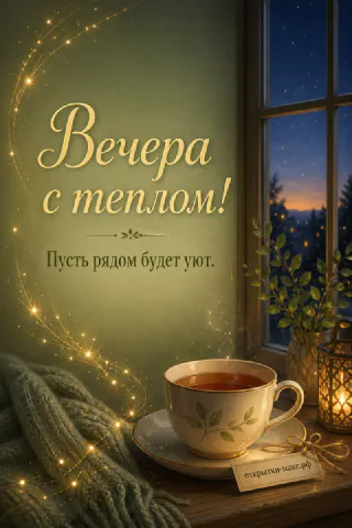 Чашка чая с веточкой на блюдце, маленький фонарик и золотые огни гирлянды на зелёном фоне у окна с ночными деревьями