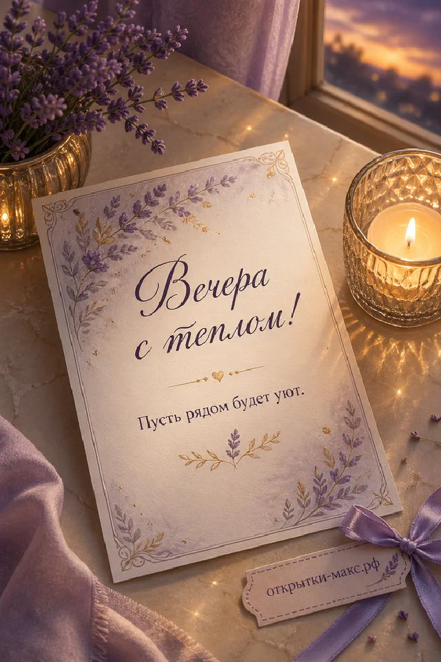 Чашка чая с веточкой на блюдце, маленький фонарик и золотые огни гирлянды на зелёном фоне у окна с ночными деревьями — вариант 2