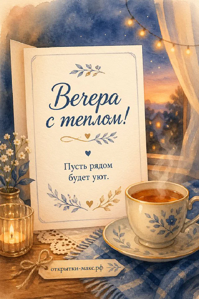 Чашка чая с веточкой на блюдце, маленький фонарик и золотые огни гирлянды на зелёном фоне у окна с ночными деревьями — вариант 3