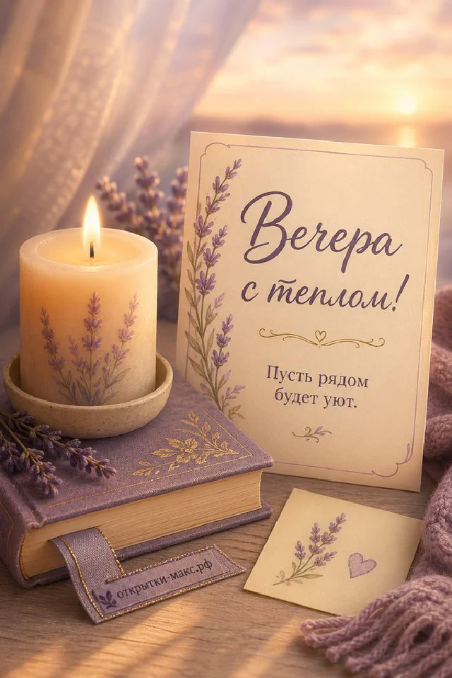 Чашка чая с веточкой на блюдце, маленький фонарик и золотые огни гирлянды на зелёном фоне у окна с ночными деревьями — вариант 6