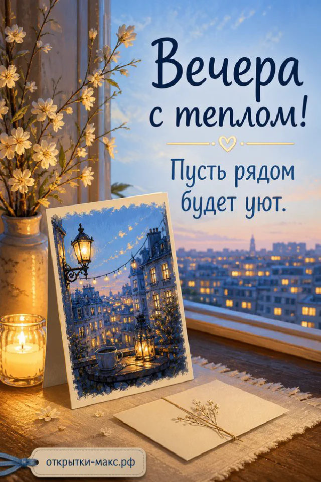 Чашка чая с веточкой на блюдце, маленький фонарик и золотые огни гирлянды на зелёном фоне у окна с ночными деревьями — вариант 8