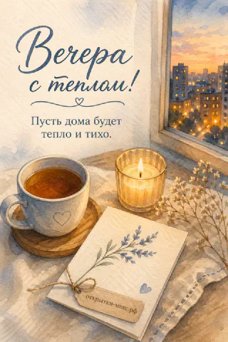 Акварельная сцена: чашка чая на деревянном кружочке, свеча в стакане и книга с засушенным цветком у окна с видом на вечерний город