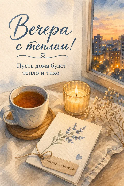 Акварельная сцена: чашка чая на деревянном кружочке, свеча в стакане и книга с засушенным цветком у окна с видом на вечерний город