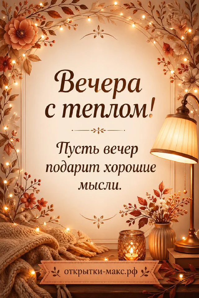 Открытка с надписью Вечера с теплом на деревянной поверхности рядом с еловой веткой и морозным окном — вариант 3