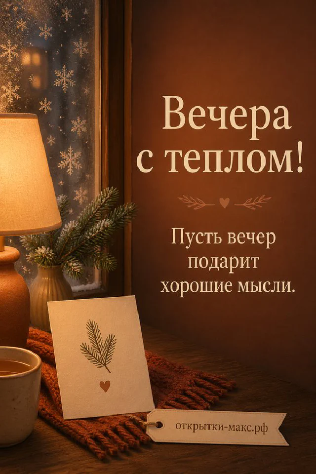 Открытка с надписью Вечера с теплом на деревянной поверхности рядом с еловой веткой и морозным окном — вариант 4