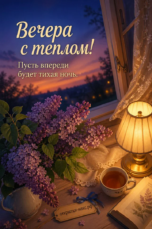 Кружка какао с маршмеллоу и улыбающееся печенье на фиолетовом фоне с лавандовыми веточками под золотой лампой — вариант 3