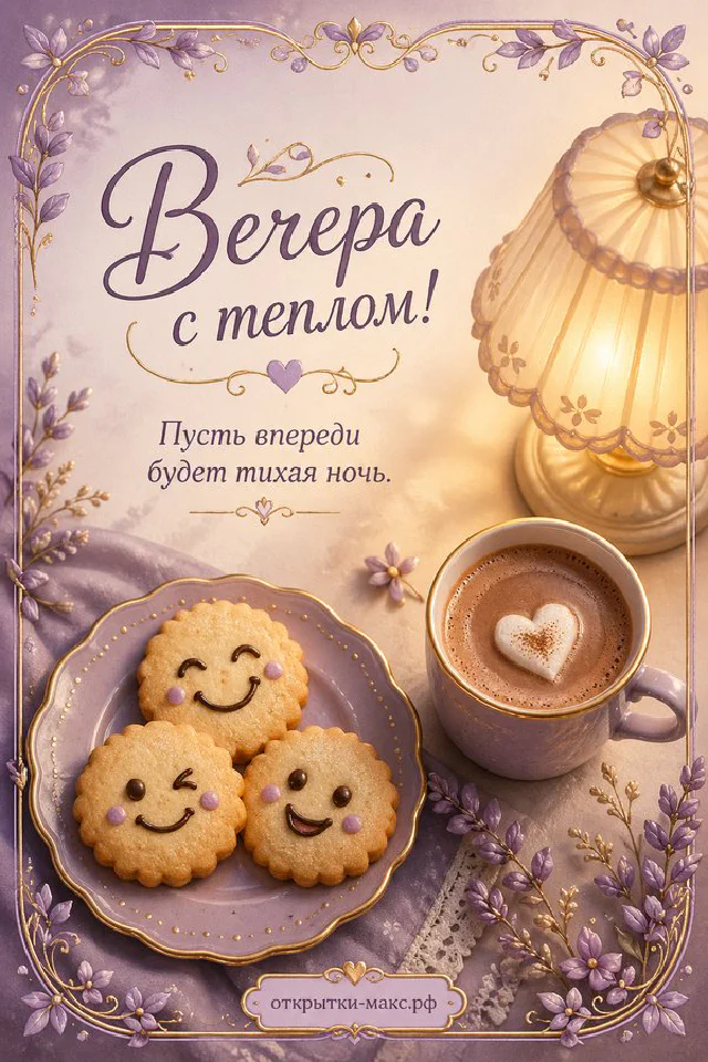 Кружка какао с маршмеллоу и улыбающееся печенье на фиолетовом фоне с лавандовыми веточками под золотой лампой — вариант 5