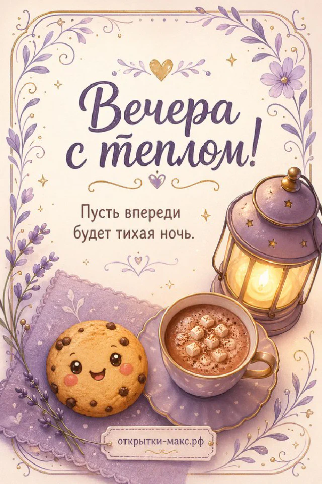 Кружка какао с маршмеллоу и улыбающееся печенье на фиолетовом фоне с лавандовыми веточками под золотой лампой — вариант 7