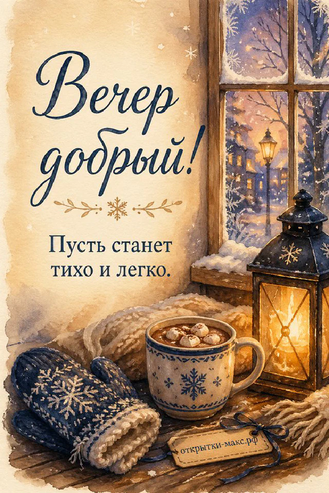 Кружка горячего какао с маршмеллоу рядом с синими варежками и светящимся фонарём на фоне заснеженного окна — вариант 3