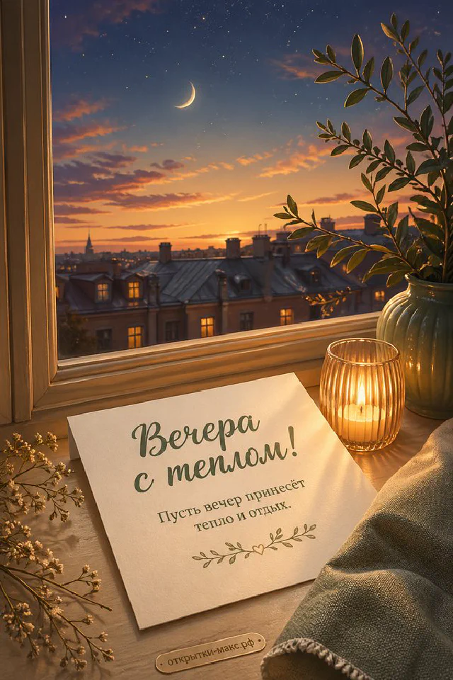 Толстая книга с закладкой и настольная лампа в акварельном стиле у окна с вечерним осенним светом — вариант 2