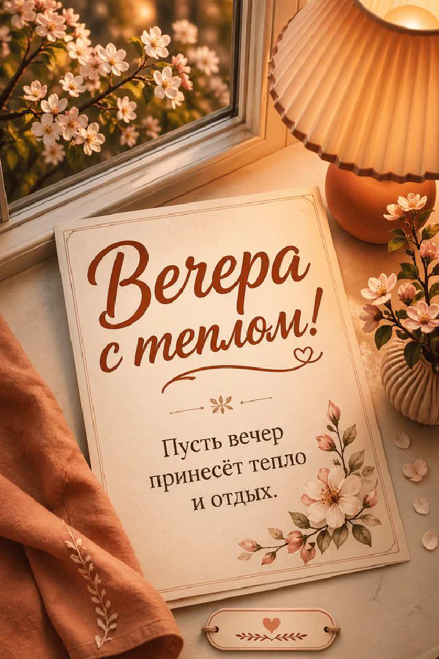 Толстая книга с закладкой и настольная лампа в акварельном стиле у окна с вечерним осенним светом — вариант 3