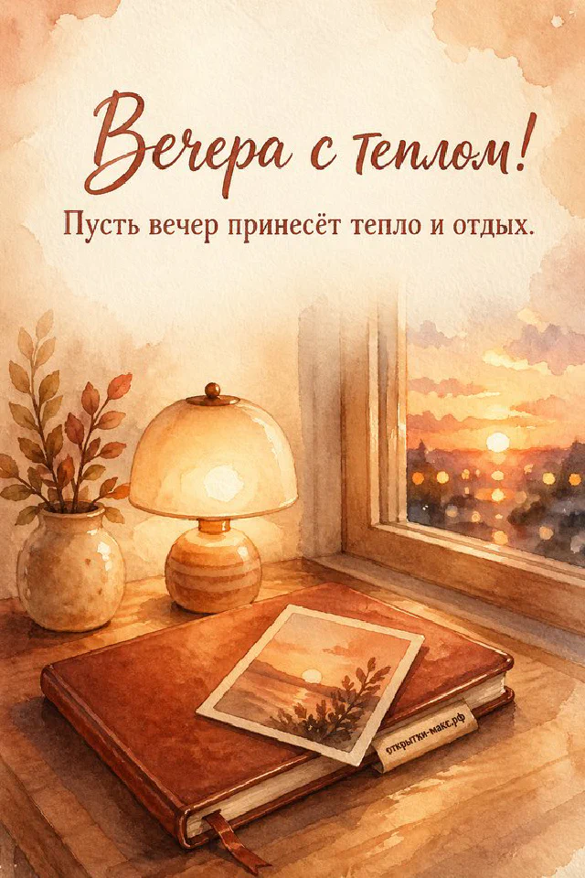 Толстая книга с закладкой и настольная лампа в акварельном стиле у окна с вечерним осенним светом — вариант 4