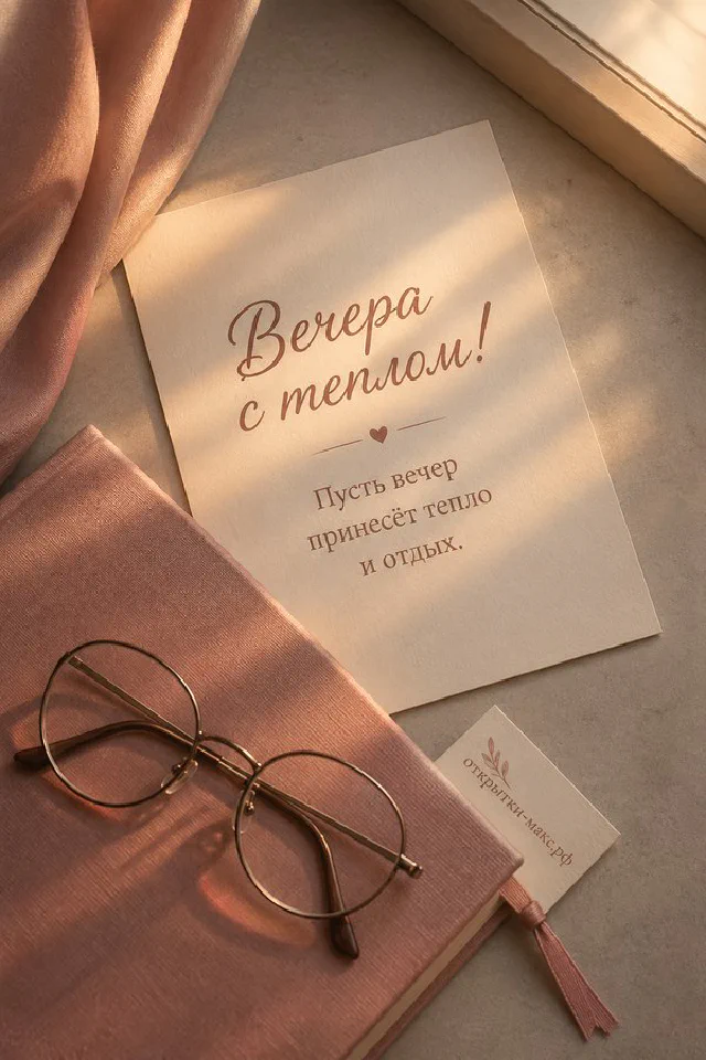 Толстая книга с закладкой и настольная лампа в акварельном стиле у окна с вечерним осенним светом — вариант 5