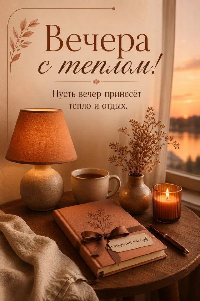 Толстая книга с закладкой и настольная лампа в акварельном стиле у окна с вечерним осенним светом — вариант 6