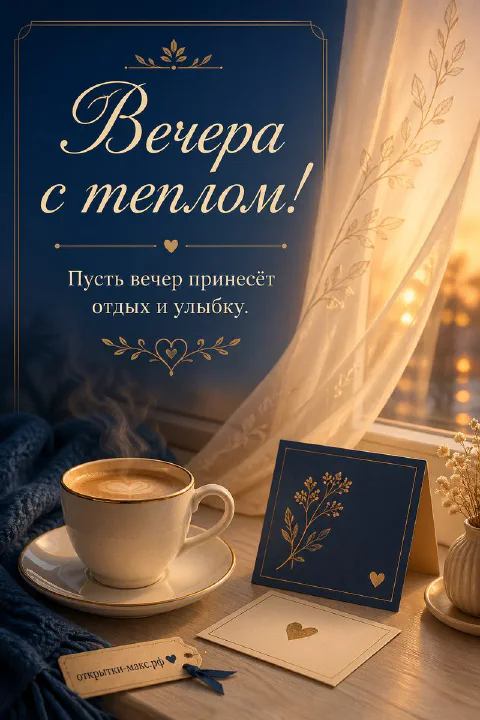 Чашка кофе на блюдце, тёмно-синяя открытка с золотым орнаментом и конверт на столе у вечернего окна с тюлем