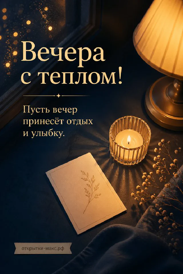 Чашка кофе на блюдце, тёмно-синяя открытка с золотым орнаментом и конверт на столе у вечернего окна с тюлем — вариант 4