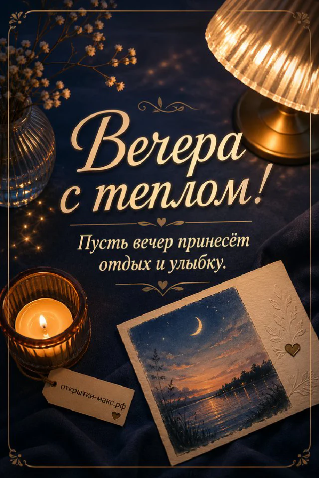 Чашка кофе на блюдце, тёмно-синяя открытка с золотым орнаментом и конверт на столе у вечернего окна с тюлем — вариант 8