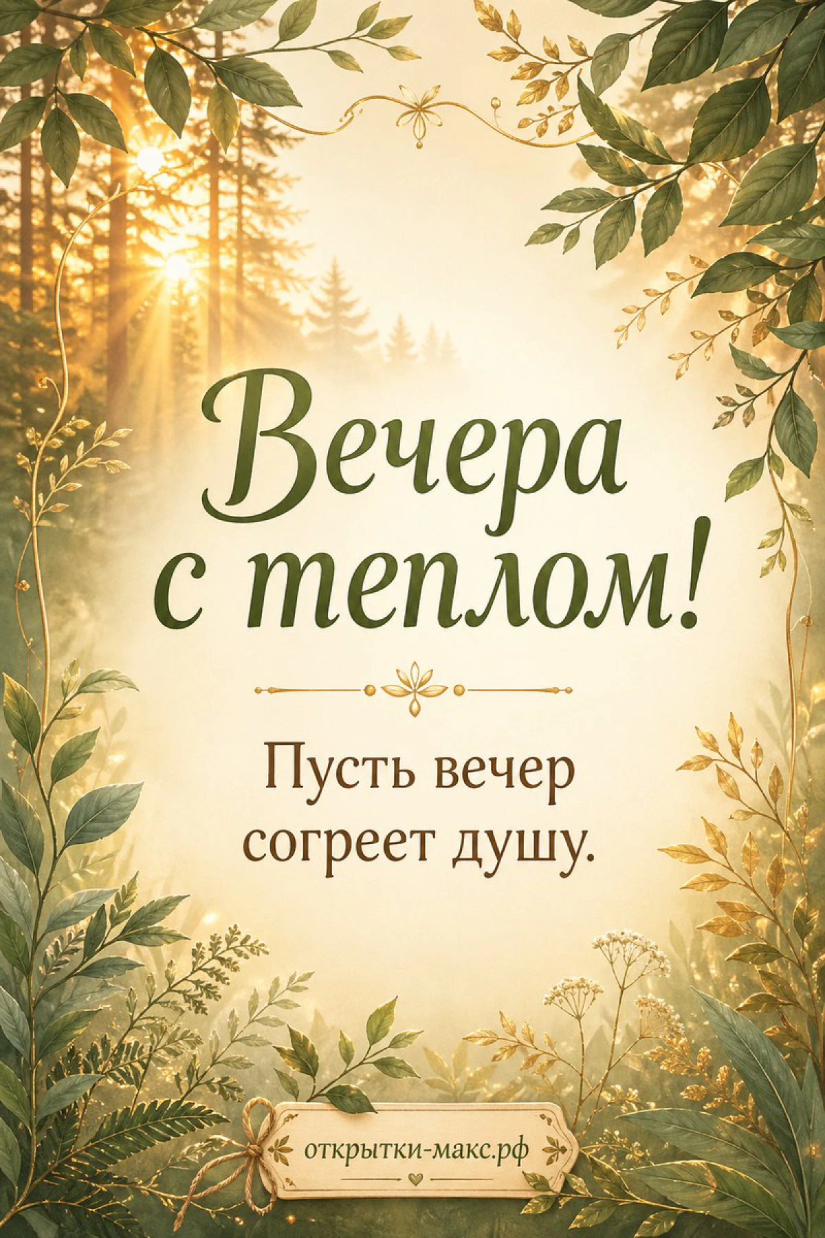 Ботаническая рамка из зелёных и золотых листьев с надписью Вечера с теплом на бежевом фоне с закатным светом