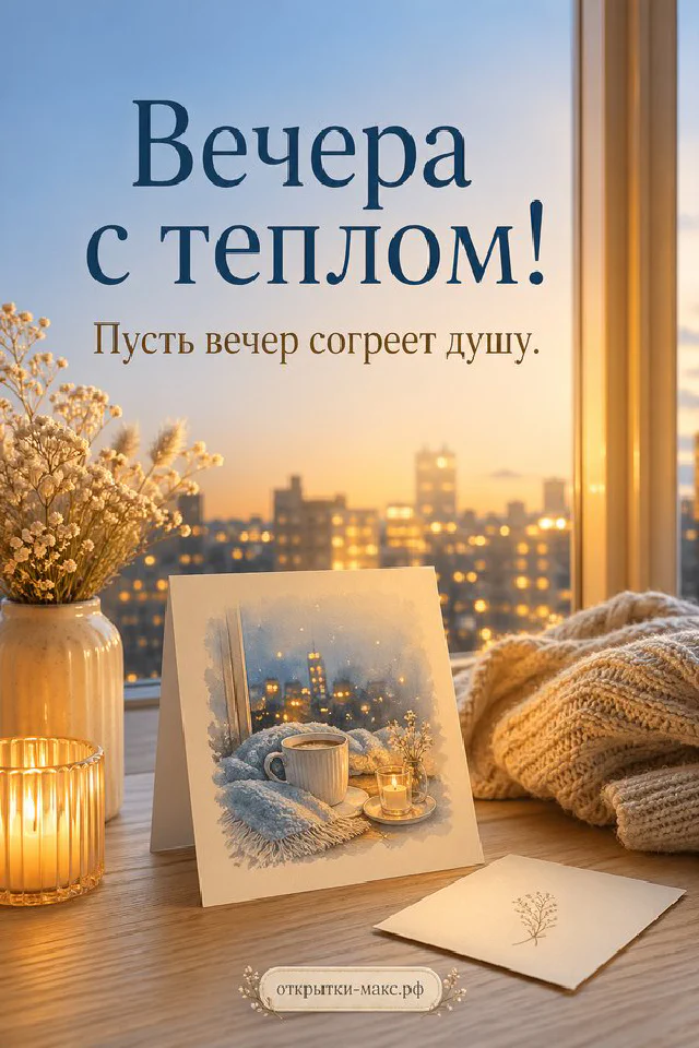 Ботаническая рамка из зелёных и золотых листьев с надписью Вечера с теплом на бежевом фоне с закатным светом — вариант 3