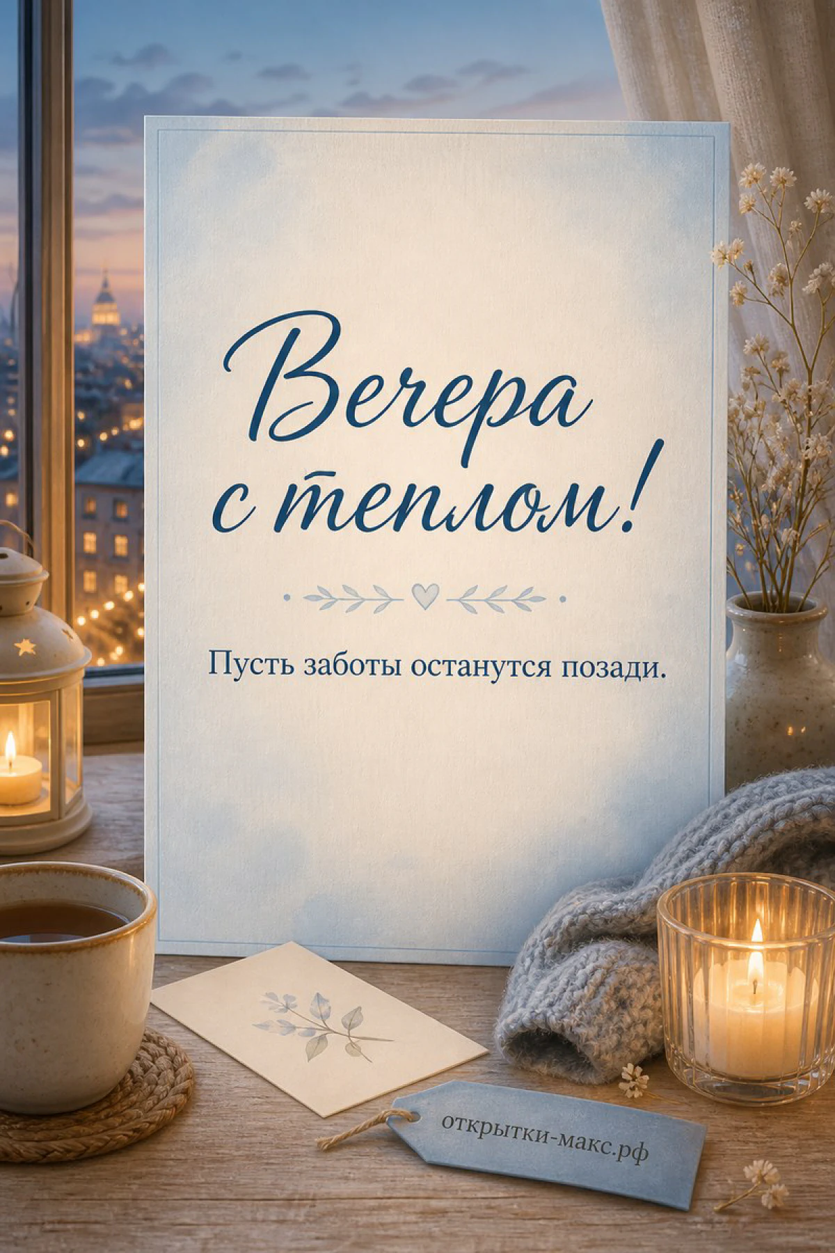 Голубая открытка добрый вечер: чашка чая с сердечком, две свечи в стаканах и вид на ночной город из окна с вазой цветов
