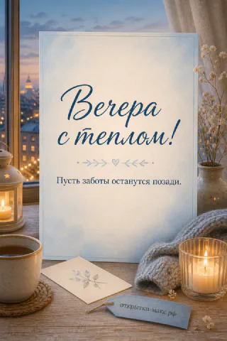 Голубая открытка добрый вечер: чашка чая с сердечком, две свечи в стаканах и вид на ночной город из окна с вазой цветов