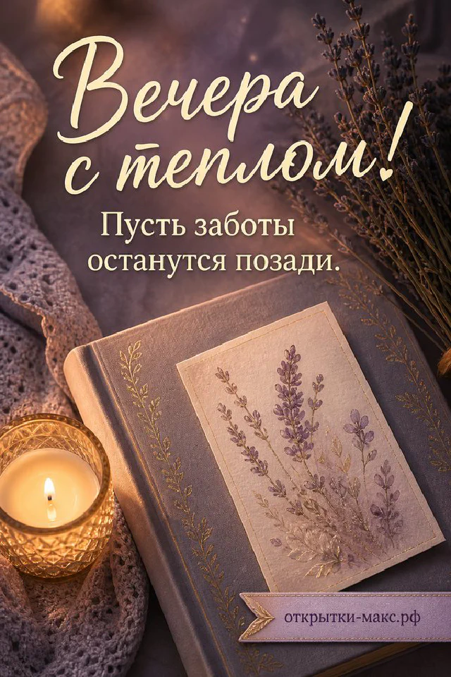 Голубая открытка добрый вечер: чашка чая с сердечком, две свечи в стаканах и вид на ночной город из окна с вазой цветов — вариант 2