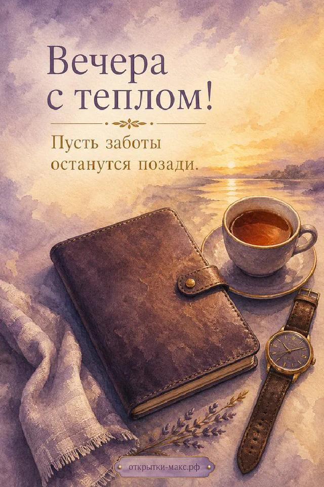 Голубая открытка добрый вечер: чашка чая с сердечком, две свечи в стаканах и вид на ночной город из окна с вазой цветов — вариант 3