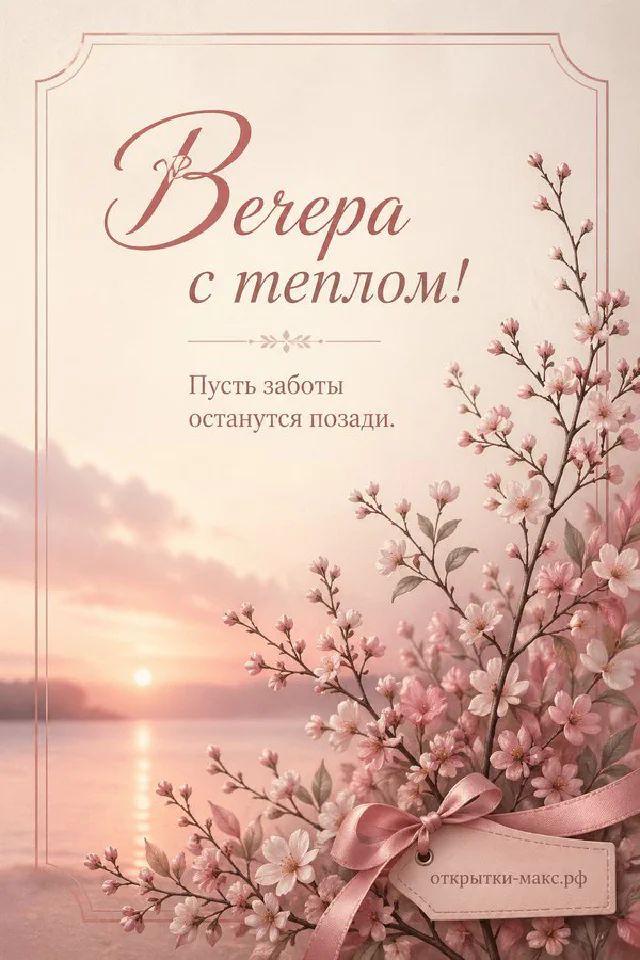 Голубая открытка добрый вечер: чашка чая с сердечком, две свечи в стаканах и вид на ночной город из окна с вазой цветов — вариант 4