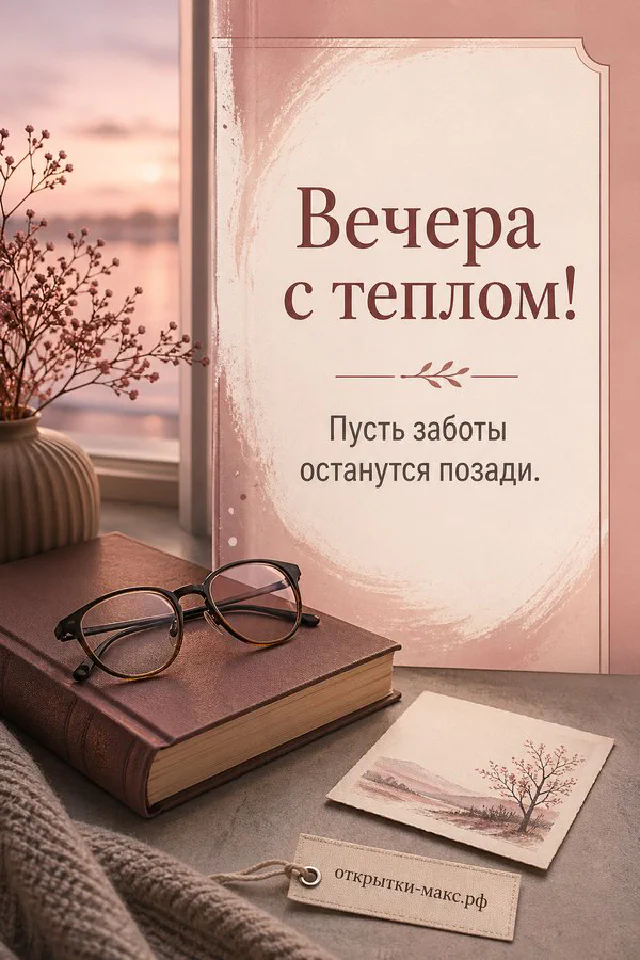Голубая открытка добрый вечер: чашка чая с сердечком, две свечи в стаканах и вид на ночной город из окна с вазой цветов — вариант 7