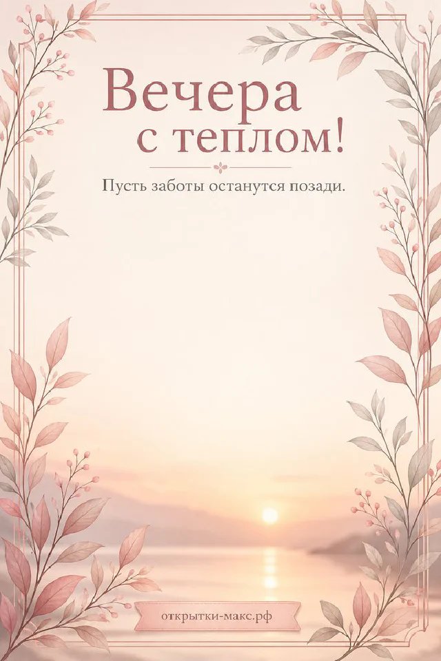 Голубая открытка добрый вечер: чашка чая с сердечком, две свечи в стаканах и вид на ночной город из окна с вазой цветов — вариант 8