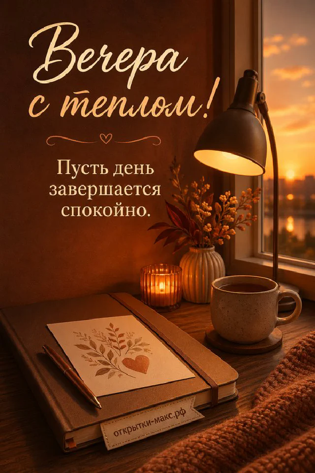Свеча в стеклянном подсвечнике, ваза с белыми цветами и гирлянда на деревянном столе у окна с видом на закатный город — вариант 2