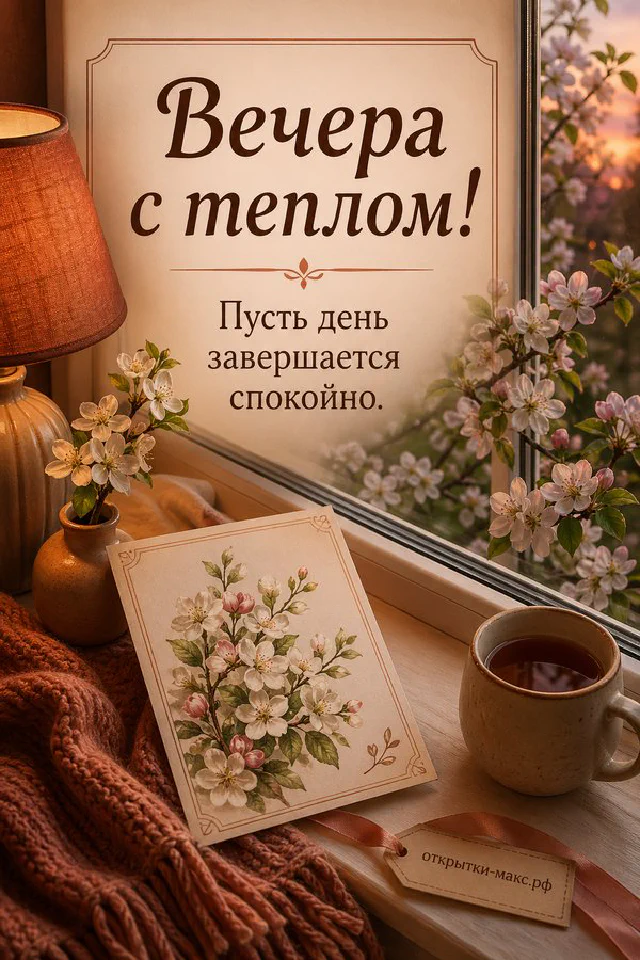 Свеча в стеклянном подсвечнике, ваза с белыми цветами и гирлянда на деревянном столе у окна с видом на закатный город — вариант 3