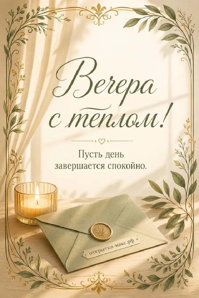 Свеча в стеклянном подсвечнике, ваза с белыми цветами и гирлянда на деревянном столе у окна с видом на закатный город — вариант 4