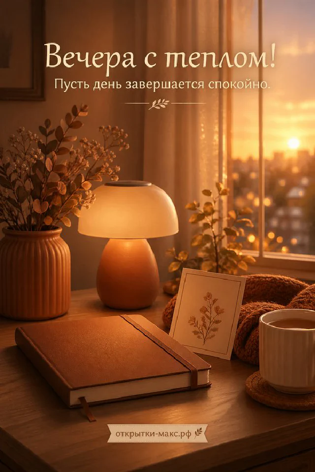 Свеча в стеклянном подсвечнике, ваза с белыми цветами и гирлянда на деревянном столе у окна с видом на закатный город — вариант 5